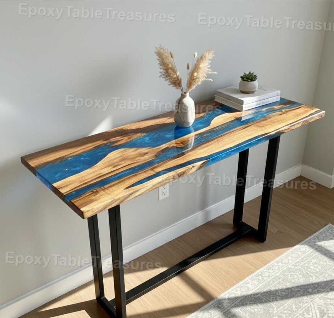 Live Edge Wood Epoxy River Console Table | Blue Resin River Hallway ...