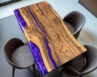 Handcrafted Walnut Live Edge Table: Purple Epoxy Resin River Desk