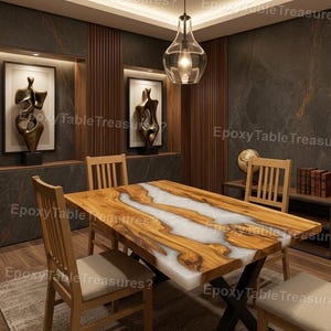 Live Edge Epoxy River Dining Table, White Resin Wood Table, Handmade Walnut Table, Modern Dining Furniture Epoxy River Table