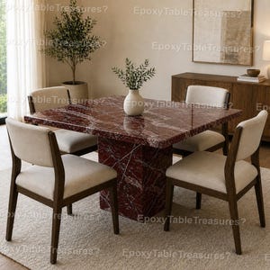 Modern Red Marble Dining Table Set, Minimalist Luxury Dining Room Furniture, Contemporary Pedestal Table Luxury Burgundy Marble Dining Table