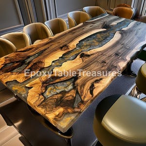 Puede incluir: Una mesa de madera rectangular grande con un diseño de borde vivo. La mesa presenta un río de resina epoxi azul y dorada que atraviesa el centro. La mesa está sostenida por patas de metal oscuro y rodeada de sillas de cuero. El texto "Epoxy Table Treasures" es visible.