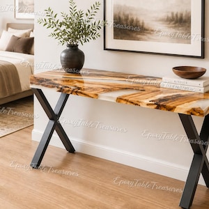 Live Edge Burl Wood Console Table with White Epoxy Resin River | Modern Entryway Sofa Table | Luxury Hallway modern console table Furniture