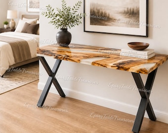 Live Edge Burl Wood Console Table with White Epoxy Resin River | Modern Entryway Sofa Table | Luxury Hallway modern console table Furniture