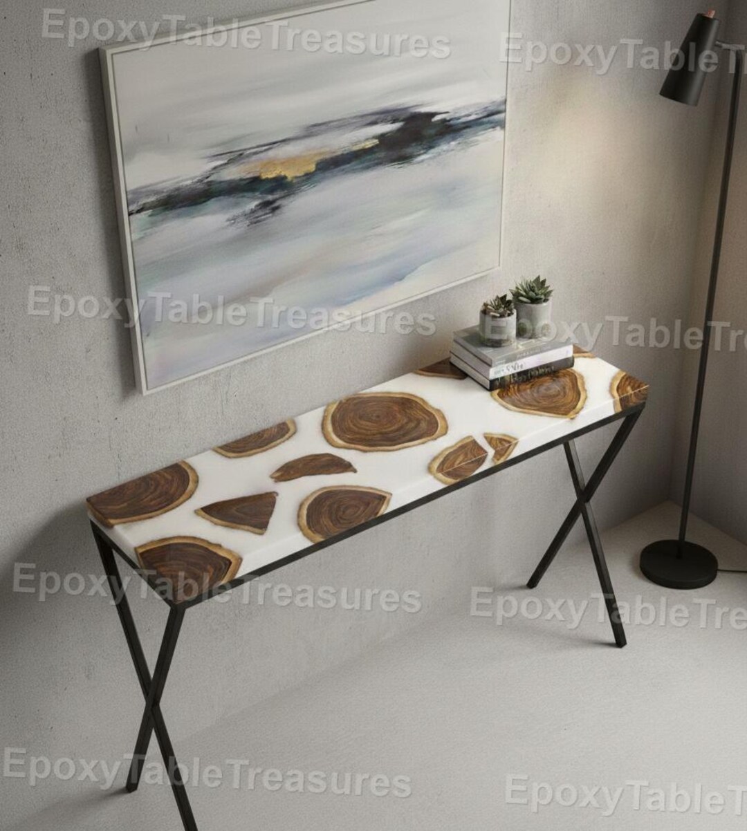 Luxury White Epoxy Console Table With Wood Slice Modern Entryway Table ...