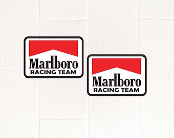 Dos calcomanías vintage de Marlboro Racing Team para motocicleta y coche de rally.