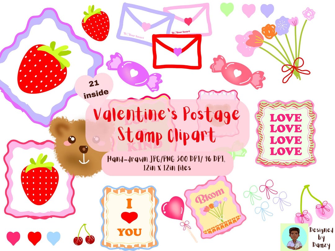 Valentine Postage Stamp Clipart Set – Cute Love Letter PNG, Candy ...