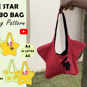 Puede incluir: Un bolso hobo rojo con forma de estrella, interior negro y un pequeño dije de estrella negra. La imagen incluye el texto THE STAR HOBO BAG Sewing Pattern, A4, US LETTER, A0, 2 views, 2 sizes, junto con ilustraciones amarillas del bolso.