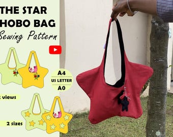 May include: A red star-shaped hobo bag with a black interior and a small black star charm. The image includes text reading THE STAR HOBO BAG Sewing Pattern, A4, US LETTER, A0, 2 views, and 2 sizes, along with yellow illustrations of the bag.