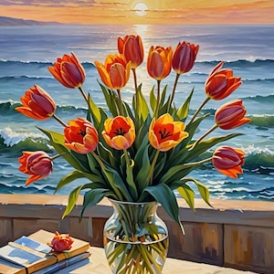 May include: A painting of a vase of orange and yellow tulips, set against a sunset over the sea. The flowers are in a clear glass vase. A stack of books and a rose are on a table in the foreground.