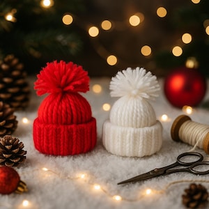 May include: Two miniature knitted hats, one red and one white, each with a pom-pom. The hats are on a snowy surface, with a red ornament, pine cones, and a pair of scissors. Festive holiday decor.