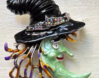 Witchy Witch Time of Year Brooch is 3” Enamel and Rhinestones