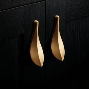 May include: Close-up of two gold cabinet handles with a teardrop design. The handles are mounted on a dark, textured cabinet door. The handles have a smooth, polished finish and a modern aesthetic.