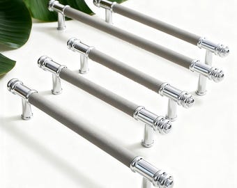 Manijas de puerta de cocina en gris cálido, tirador de aparador de latón, tiradores de muebles de cuero