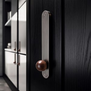 May include: A vertical, elongated, metallic cabinet handle with a rounded top and bottom, featuring three recessed vertical lines. A smooth, spherical, dark brown wooden knob is attached to the lower section of the metal plate, mounted on a black door.