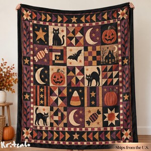 May include: A rectangular throw blanket featuring a patchwork design with Halloween motifs including black cats, orange pumpkins, crescent moons, bats, candy corn, and wrapped candies in a color palette of black, orange, cream, and deep purple.