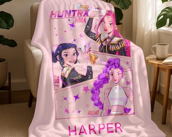 Manta navideña personalizada Huntrix para niñas, manta personalizada de Kpop Demon Hunter, manta de franela con nombre para niños, manta navideña de invierno, Mira Zoey Rumi