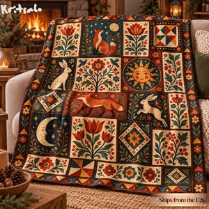 Pode incluir: Uma manta retangular com design de patchwork, apresentando ilustrações de raposas, coelhos, um sol, uma lua crescente e motivos florais em tons de vermelho, laranja, azul e creme. O tecido exibe padrões geométricos e elementos botânicos.