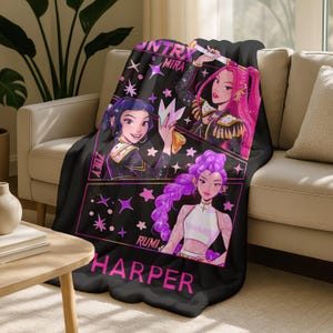 Personalized Christmas Huntrix Girls Blanket,Custom Kpop Demon Hunter Blanket,Flannel Kids Name Blanket,Winter Holiday Throw,Mira Zoey Rumi