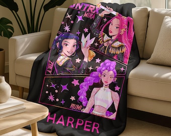 Personalized Christmas Huntrix Girls Blanket,Custom Kpop Demon Hunter Blanket,Flannel Kids Name Blanket,Winter Holiday Throw,Mira Zoey Rumi