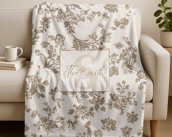 Gepersonaliseerde deken met toile-monogram, achternaam bloemen plaid voor bank, aangepaste naam housewarming cadeau, pas getrouwd en Valentijnsdag