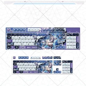 Puede incluir: Teclado mecánico de tamaño completo con un diseño personalizado. El teclado presenta una combinación de colores blanco y morado con ilustraciones de estilo anime. Las teclas tienen letras y símbolos blancos. El teclado incluye el texto "STARRAIL" y caracteres chinos.