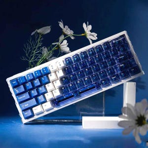 May include: A mechanical keyboard with a white frame and blue and white keycaps. The keycaps are a mix of solid white and translucent blue. The keyboard is angled, with a few white flowers in the background. The keyboard has a standard QWERTY layout.