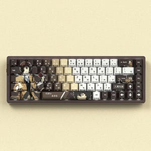May include: A custom mechanical keyboard with a brown case and keycaps featuring Japanese anime-style artwork. The keycaps have a mix of white, beige, and brown colors, with Japanese characters and English letters. The keyboard has a compact layout.