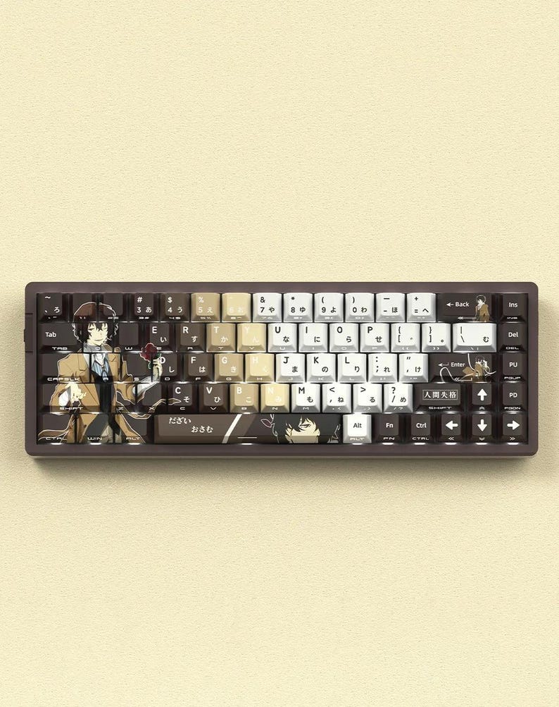 May include: A custom mechanical keyboard with a brown case and keycaps featuring Japanese anime-style artwork. The keycaps have a mix of white, beige, and brown colors, with Japanese characters and English letters. The keyboard has a compact layout.