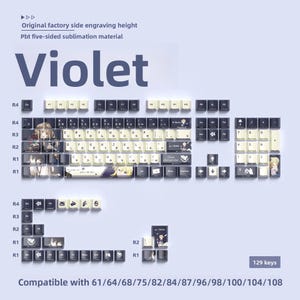 May include: A set of 129 keycaps in various sizes and shapes, with a violet theme. The keycaps are black and off-white, with Japanese characters and anime-style illustrations. The text "Violet" is displayed in large, dark blue letters.