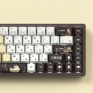 May include: A custom mechanical keyboard with white and brown keycaps. The keycaps feature Japanese characters and anime-style illustrations. The keyboard has a dark brown frame and a compact 60% layout.