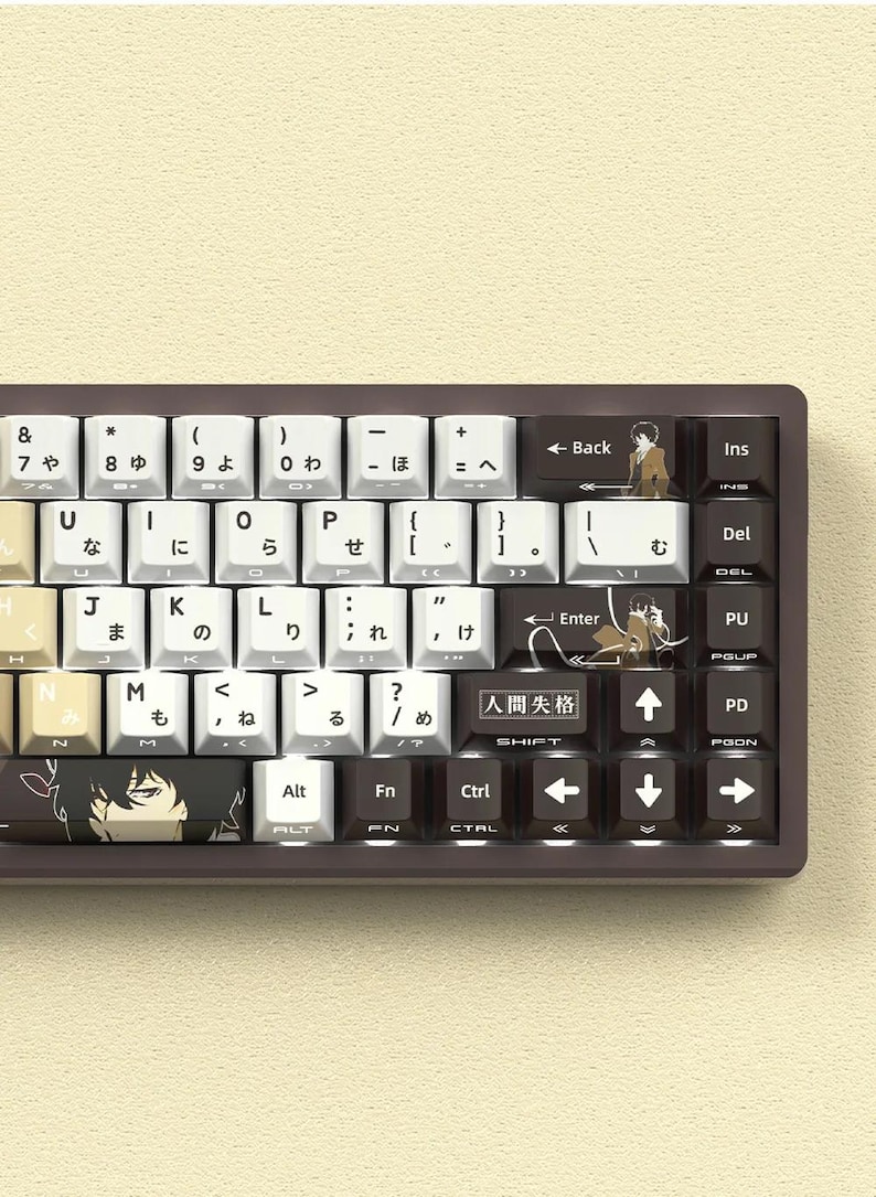 May include: A custom mechanical keyboard with white and brown keycaps. The keycaps feature Japanese characters and anime-style illustrations. The keyboard has a dark brown frame and a compact 60% layout.