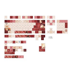 May include: A set of custom keyboard keycaps in shades of red and pink, with decorative illustrations and text. The keycaps are arranged to show a full keyboard layout, with various symbols and characters.