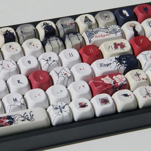 May include: Close-up of a custom mechanical keyboard with white, red, and black keycaps. The keycaps feature various designs, including floral patterns, geometric shapes, and text such as "Backspace" and "Enter".