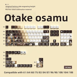 May include: A set of 129 keyboard keycaps with a beige and white color scheme. The keycaps feature Japanese characters and illustrations. The text "Otake osamu" is displayed in large, bold letters. Compatible with various keyboard sizes.