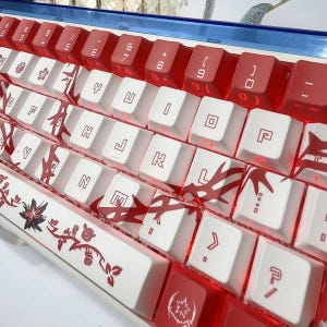 May include: Close-up of a mechanical keyboard with white and red keycaps. The keycaps have red symbols and designs. The keyboard has a blue frame and is lit with red lights.