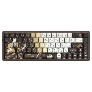 May include: A brown mechanical keyboard with custom keycaps featuring anime character art. The keycaps have Japanese characters and English letters. The keyboard has a dark brown frame and a variety of colors on the keycaps, including white, beige, and black.