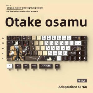 May include: Custom keyboard keycaps with a brown, beige, and white color scheme. The keycaps feature Japanese text and anime character illustrations. The keyboard has 74 keys and is designed for 61/68 adaptation.