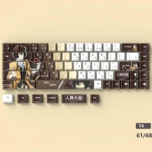 May include: A custom mechanical keyboard with brown, white, and beige keycaps. The keycaps feature Japanese characters and anime character illustrations. The keyboard has a 60% layout, with a compact design.