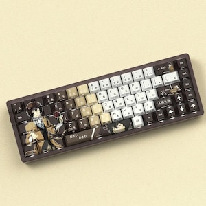 May include: A custom mechanical keyboard with brown keycaps featuring anime character art. The keyboard has a dark brown frame and a variety of keycap colors, including white, beige, and black. Japanese characters are printed on some keys.