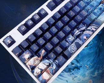 May include: A white and blue mechanical keyboard with custom keycaps. The keycaps are dark blue with white lettering and feature anime-style character art. The keyboard has a variety of function keys and a standard QWERTY layout.
