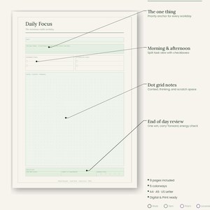 May include: A Quiet Work focused planner page featuring a Daily Focus header, sections for The one thing, morning and afternoon tasks with checkboxes, a dot grid notes area, and an end of day review. The layout includes text labels and lines.