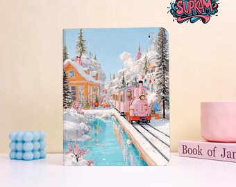 Custom Cured Snowy Train Town Pattern Protective Cover for iPad- Handmade