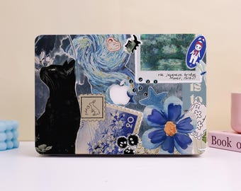 Creative Black Cat Vintage Flower Stickers Design MacBook Protective Case, Custom Matte Laptop Case