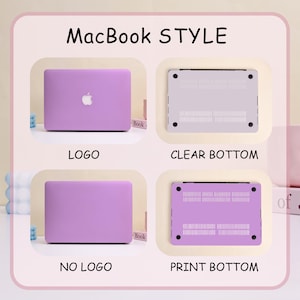 May include: A product display showcasing four different MacBook cases. The cases are in a light purple color. The top left shows a case with a logo, the top right shows a clear bottom, the bottom left shows a case with no logo, and the bottom right shows a print bottom. The text "MacBook STYLE" is at the top.