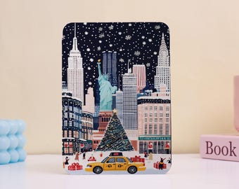 Charming NYC Holiday Kindle Case – Skyline Statue Christmas Tree Cover