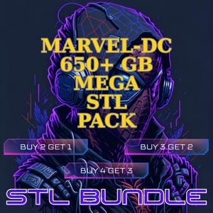 Puede incluir: Ilustración digital de un superhéroe con auriculares, con el texto "MARVEL-DC 650+ GB MEGA STL PACK" y "STL BUNDLE". La imagen también muestra ofertas promocionales, todo sobre un fondo oscuro y vibrante.