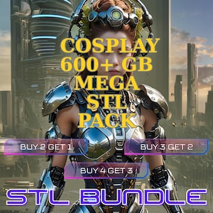 以下が含まれることがあります： コスプレSTLバンドルを宣伝するデジタルイラスト。未来的な鎧を着た人物が描かれており、「COSPLAY 600+ GB MEGA STL PACK」と「STL BUNDLE」の文字があります。プロモーションオファーも表示されています。