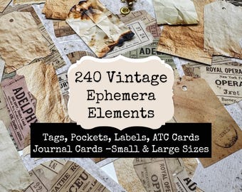 240 Vintage Ephemera Pack | Distressed Journal Cards, Tags (Digital Download)
