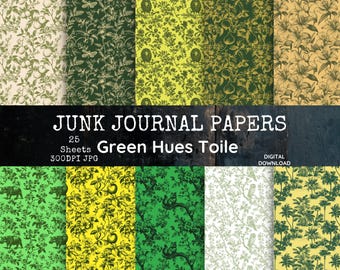 Green Toile Junk Journal Papers | Botanical Printable Papers | Vintage Animal Digital Paper Pack