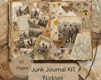 Vintage Mountain Hike Junk Journal Pages | Printable Ephemera Collage Kit | Large Vertical Journal Pages | Digital Download